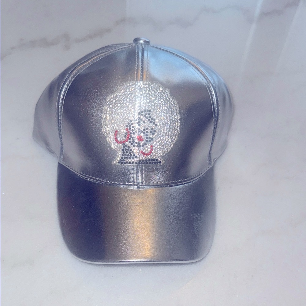 Silver Vegan Leather Cap with Rhinestone Design